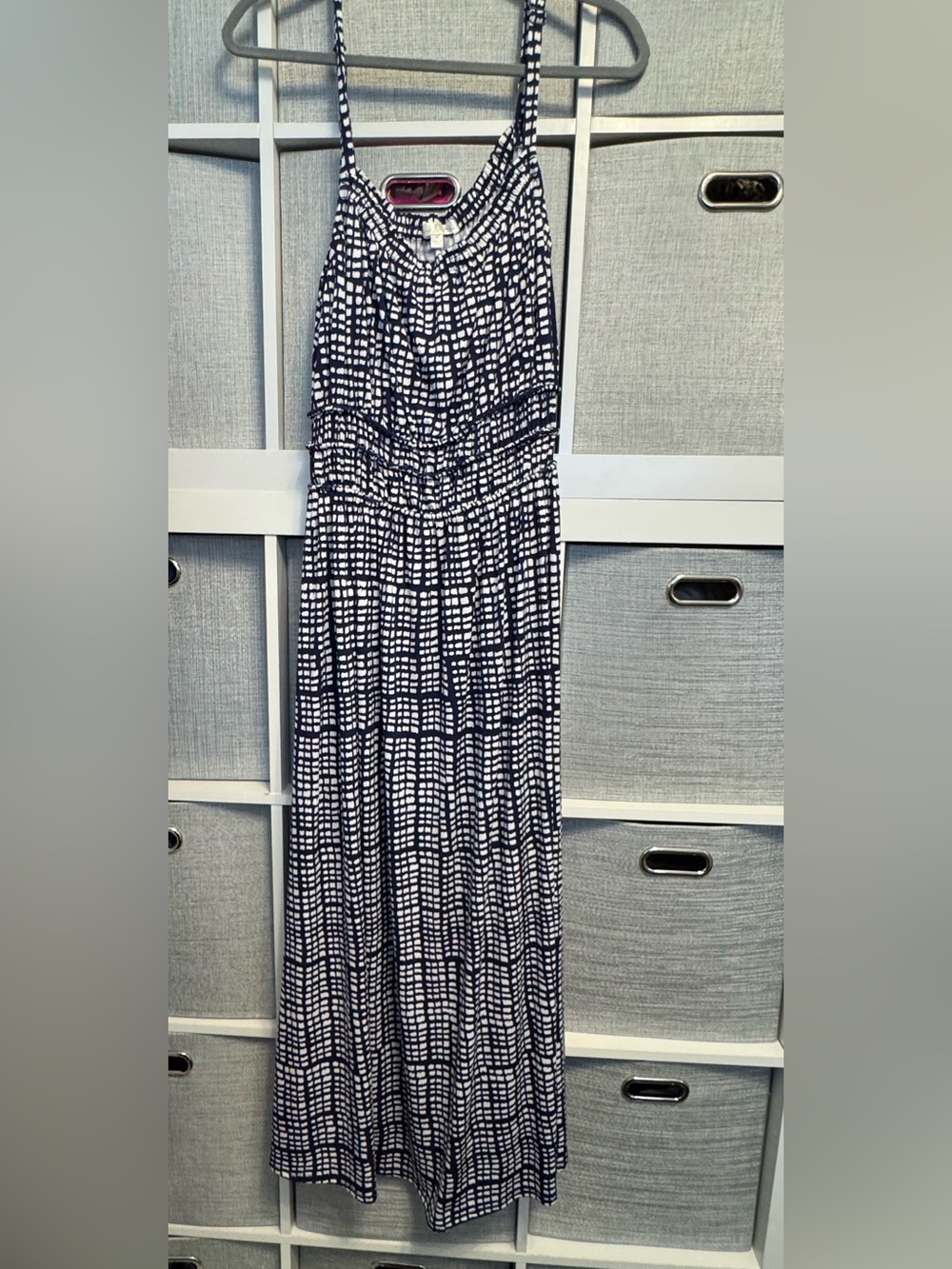 nine britton Navy and White Grid-Print Maxi Skirt